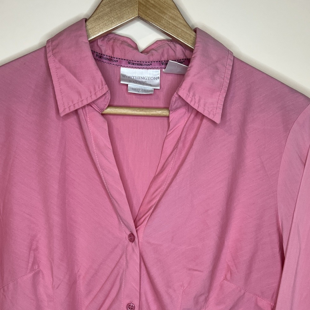 Worthington Petite 6P Stretch Easy Care Pink Solid Collared Button-Up Blouse